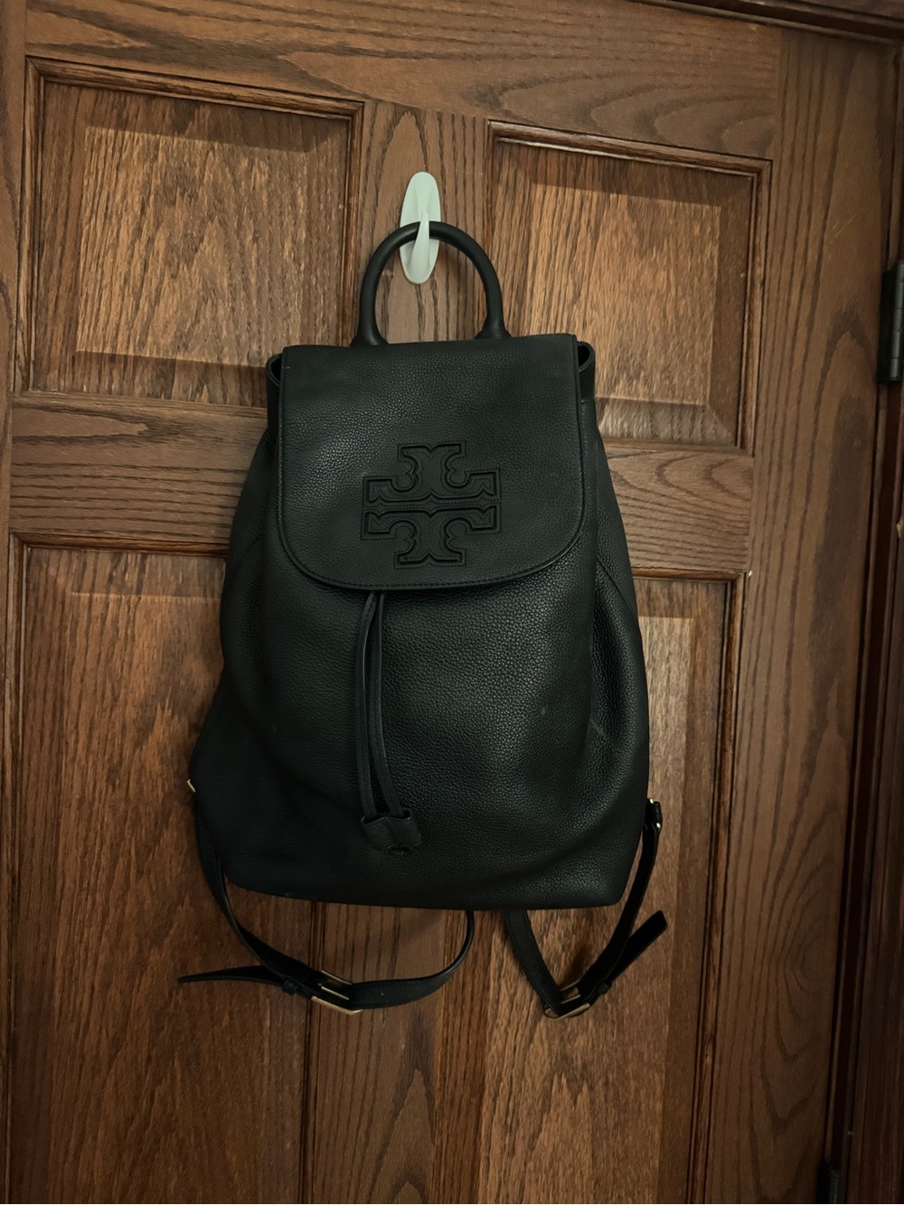 Tory Burch Black pebble Leather Logo Drawstring Backpack